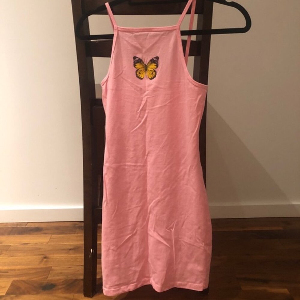 Urban Outfitters Pink Mini Dress Spaghetti Straps Yellow Butterfly 90s Small